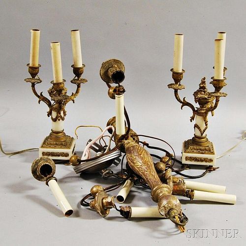 Pair of Three-light Candelabra and a Gilt-gesso Chandelier