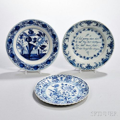 Three Dutch Delftware Blue and White Plates