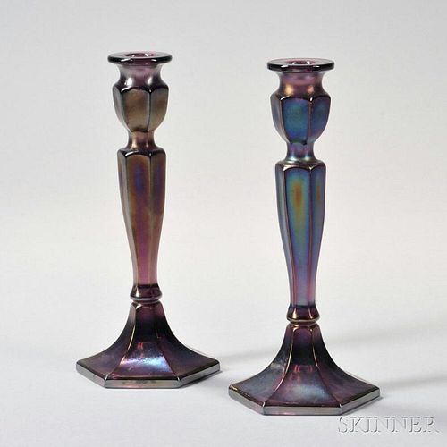 Pair of Fenton No. 349 Carnival Glass Candlesticks