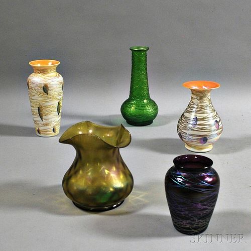 Five Iridescent Art Glass Vases