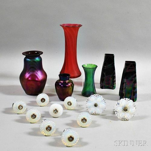 Six Art Glass Vases and Ten Opaque Glass Items