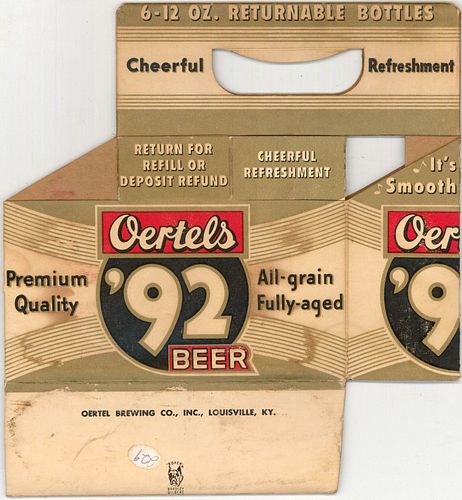 1955 Oertel's 92 Beer Six Pack Bottle Carrier Louisville, Kentucky