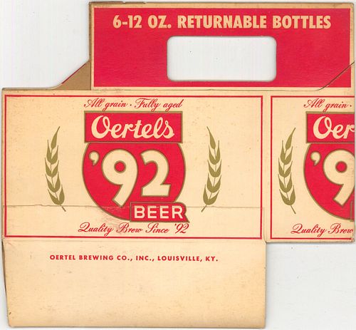 1960 Oertel's 92 Beer Six Pack Bottle Carrier Louisville, Kentucky