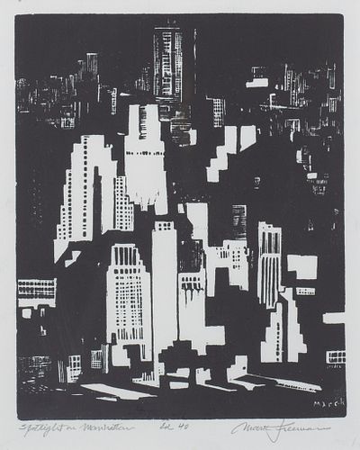 Mark Freeman, Austrian/Am. 1908-2003, "Spotlight on Manhattan" 1930, Linocut, framed under glass