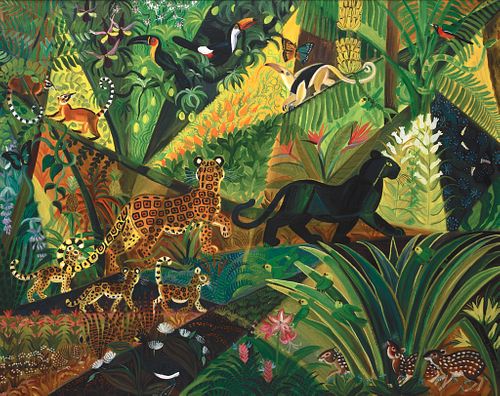 Dahlov Ipcar, Am. 1917-2017, "Brazilian Jungle" 1974, Oil on canvas, framed
