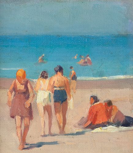 Mabel May Woodward, Am. 1877-1945, Bathers, Perkins Cove, Ogunquit, c. 1925, Oil on canvas, framed
