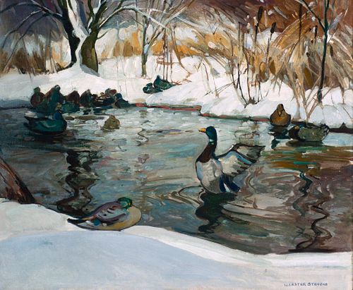 William Lester Stevens, Am. 1888-1969, "March Thaw", Oil on canvas, framed