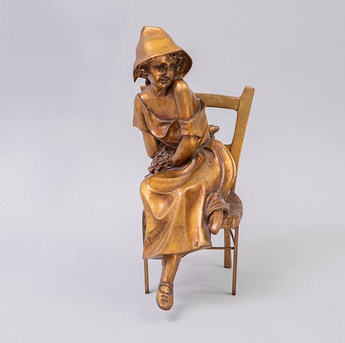 OCTAVIO PONZANELLI. Dama en silla. Firmado. Escultura en bronce. 34 cm de altura.