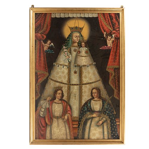 ANÓNIMO. Virgen con el Niño, santa Bárbara y santa Lucía. Escuela cuzqueña.  Óleo sobre fibracel. 174 x 117 cm. Enmarcado.