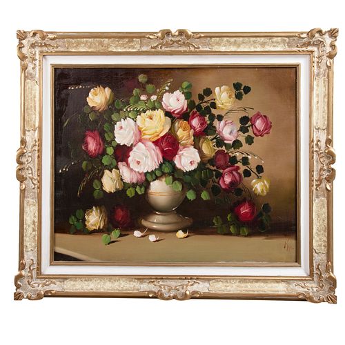 FIRMA SIN IDENTIFICAR. Bouquet de rosas. Óleo sobre tela. 65 x 80 cm. Enmarcado.