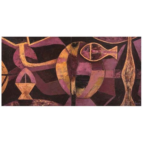ÓSCAR GUTMAN, Retrato de oros y magnetos, Firmada y fechada 08, Encáustica sobre madera, díptico, 50 x 100 cm