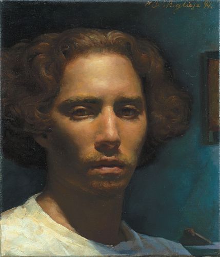 Christopher Pugliese, Am. b. 1968, Self Portrait in Blue, 1994, Oil on linen, framed