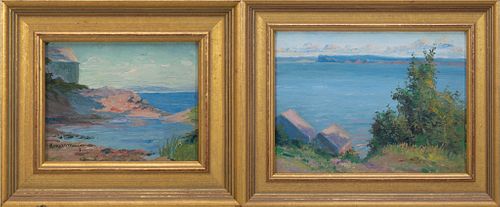 Anne W. Munger, Am. 1862-1945, Two Works: 1] Calm Sea View (Possibly Maine) 2] Spring Sea View, 1-2] Oil on artist board, framed