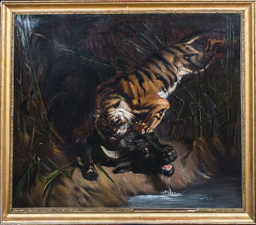 TIGER ATTACKING A BUFFALO OIL PAINTING