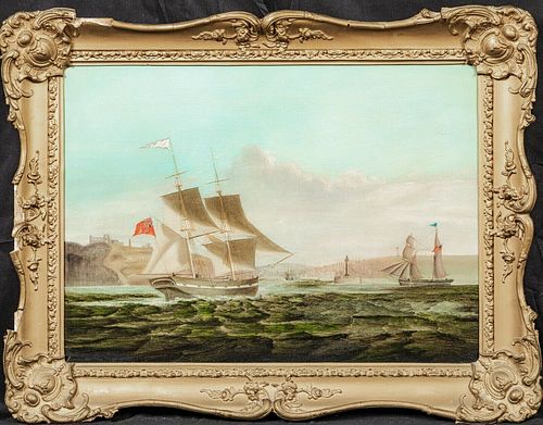 ROYAL NAVY BRIG ENTERING WHITBY HARBOUR OIL PAINTING