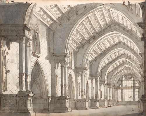 Gaspare Galliari, It. 1761-1823, A Gothic Hall, Ink and grey wash on paper, framed under glass