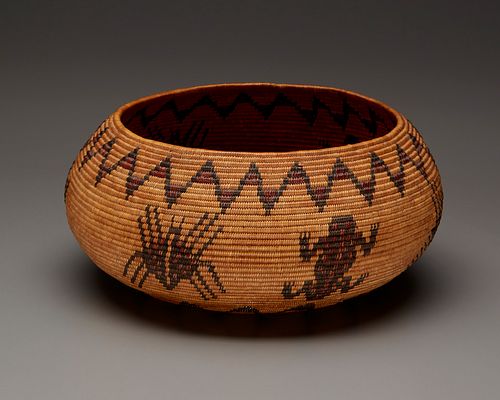 A polychrome Mono Lake Paiute pictorial basket woven by Emma Murphy