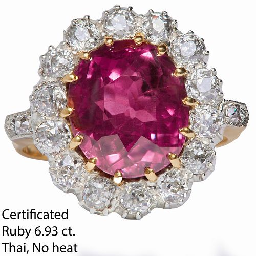 IMPORTANT CERTIFICATED RUBY AND DIAMOND CLUSTER RING