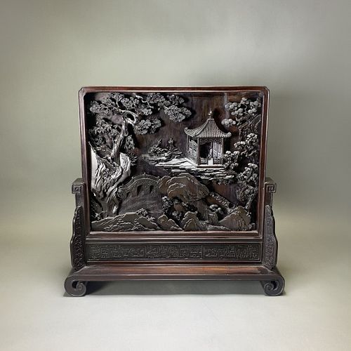 A CARVED ZITAN TABLE SCREEN AND STAND, QIANLONG PERIOD 
