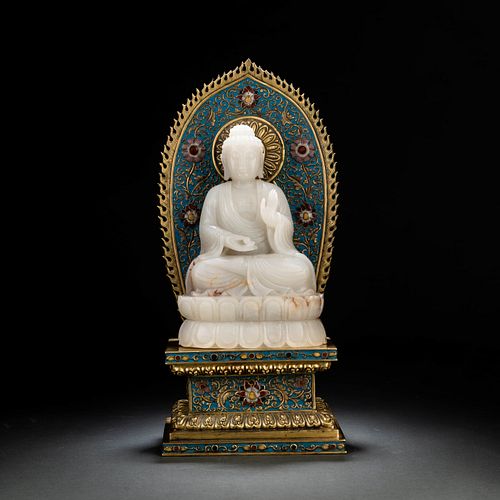 White Jade Figure Of Shakyamuni With Cloisonne Enamel Stand