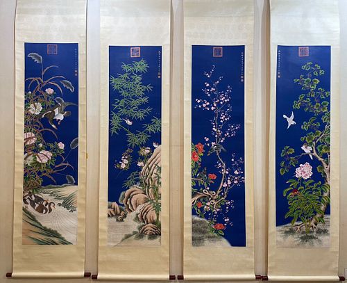 Shen Quan, Four Chinese Flower And Bird Painting Paper Scrolls