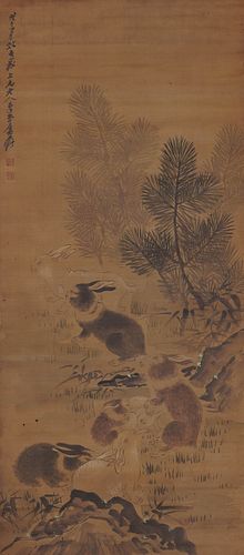 Zhang Daqian, Chinese Rabbits Painting Scroll