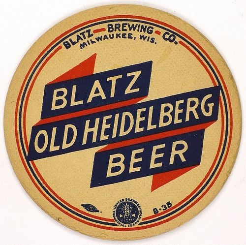 1938 Blatz Old Heidelberg Beer 4Â¼ inch coaster WI-BLA-17 Milwaukee, Wisconsin