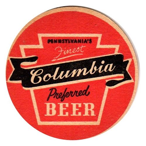 1955 Columbia Beer 3Â¾ inch coaster PA-COLU-6 Shenandoah, Pennsylvania