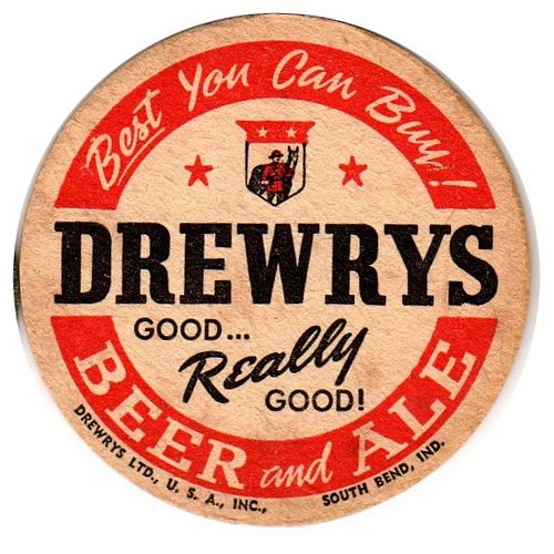 1950 Drewrys Beer/Ale 3Â¾ inch coaster IN-DRE-4 South Bend, Indiana