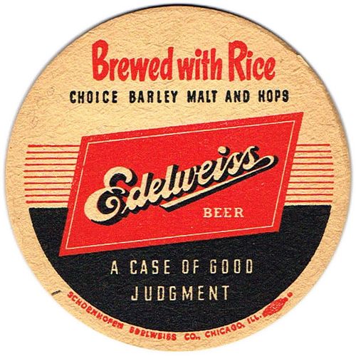 1953 Edelweiss Beer 4Â¼ inch coaster IL-SCH-4 Chicago, Illinois