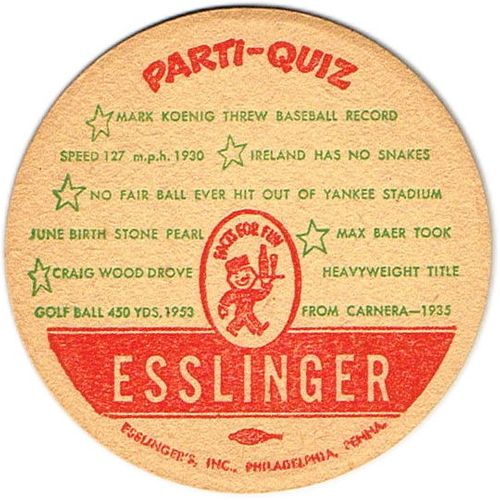 1957 Esslinger Parti-Quiz Beer PA-ESS-18 Philadelphia, Pennsylvania