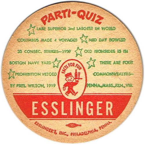 1957 Esslinger Parti-Quiz Beer PA-ESS-20 Philadelphia, Pennsylvania