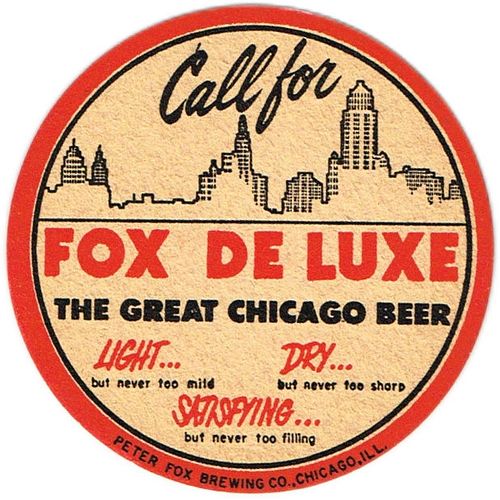1937 Fox De Luxe Beer 4 inch coaster IL-FOX-4 Chicago, Illinois