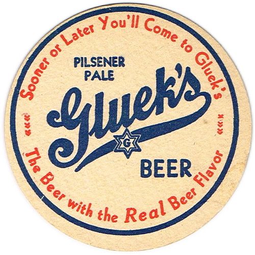 1937 Gluek's Beer 4Â¼ inch coaster MN-GLU-2 Minneapolis, Minnesota