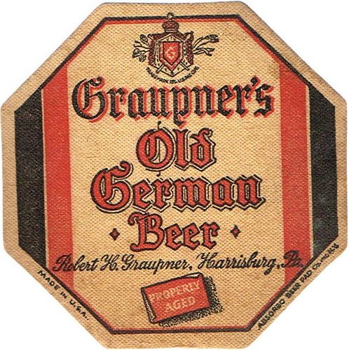 1936 Graupner's Old German Beer Octagon 4Â¼ inch coaster PA-GRAU-2A Harrisburg, Pennsylvania