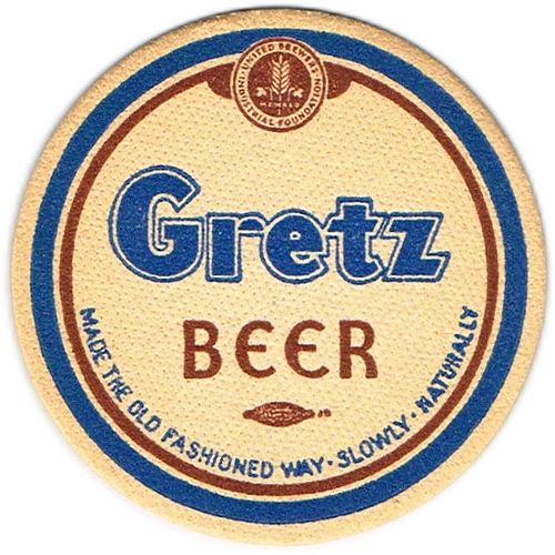 1938 Gretz Beer 3Â¾ inch coaster PA-GRETZ-5 Philadelphia, Pennsylvania