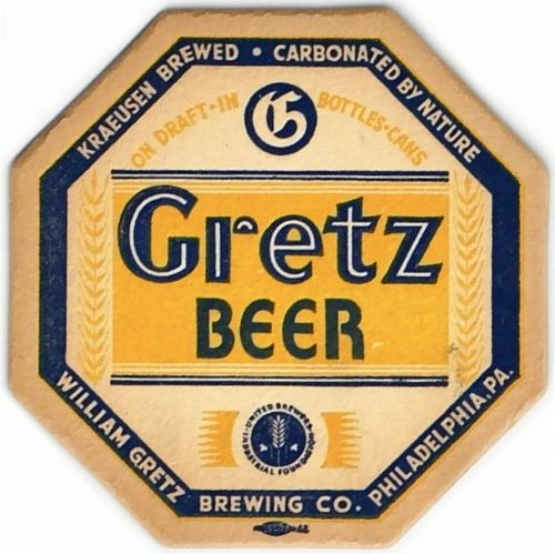 1938 Gretz Beer Octagon 4Â¼ inch coaster PA-GRETZ-2 Philadelphia, Pennsylvania