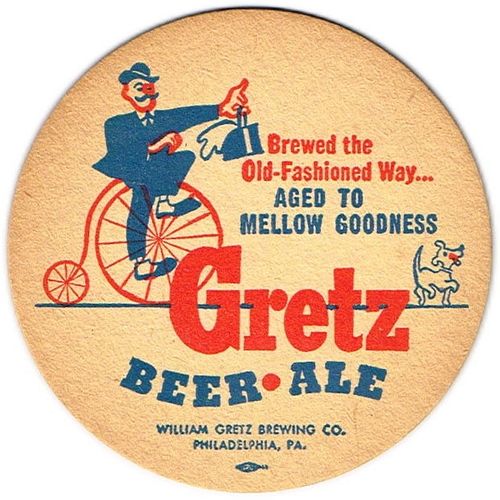 1949 Gretz Beer/Ale 4Â¼ inch coaster PA-GRETZ-4 Philadelphia, Pennsylvania