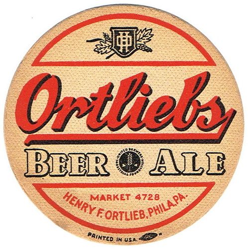 1940 Ortlieb's Beer/Ale 4Â¼ inch coaster PA-ORT-30 Philadelphia, Pennsylvania