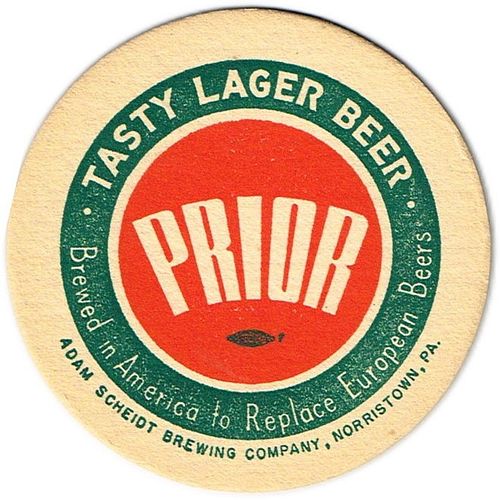 1953 Prior Tasty Lager Beer 4Â¼ inch coaster PA-SCHEIDT-23 Norristown, Pennsylvania