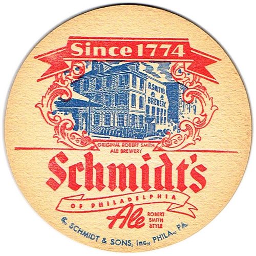 1940 Schmidt's Ale/Beer 4Â¼ inch coaster PA-SCHM-7 Philadelphia, Pennsylvania