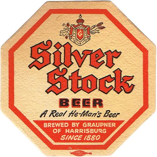 1940 Silver Stock Beer Octagon 4Â¼ inch coaster PA-GRAU-8 Harrisburg, Pennsylvania