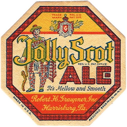 1938 Silver Stock Lager Beer/Jolly Scot Ale Octagon 4Â¼ inch coaster PA-GRAU-9 Harrisburg, Pennsylvania