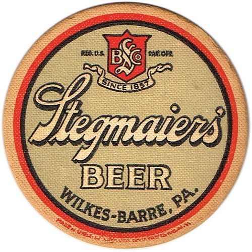 1940 Stegmaier's Beer 4Â¼ inch coaster PA-STEG-4A Wilkes-Barre, Pennsylvania