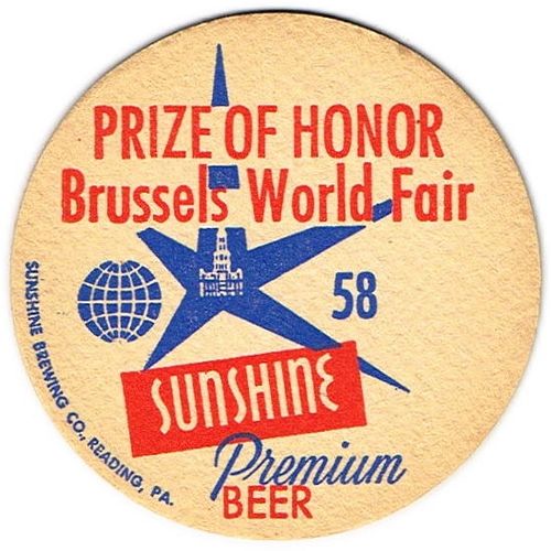 1959 Sunshine Premium Beer PA-BARB-20 Reading, Pennsylvania