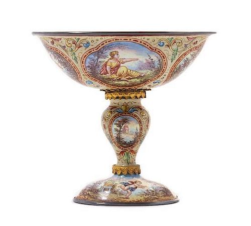 * A Viennese Enameled Silver Compote Height 3 1/4 inches.