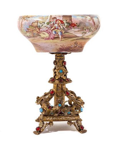 * A Viennese Jeweled Gilt Metal Mounted Enamel Compote Height 6 1/2 inches.