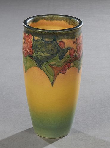 Rookwood Vellum Pottery Vase, dated 1926, shape #2062, by Sarah Elizabeth Coyne, with floral and leaf decoration, H.- 6 7/8 in., Dia.- 3 3/4 in.