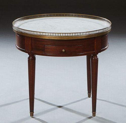 French Louis XVI Style Carved Cherry Marble Top Bouillotte Table, 20th c., the brass galleried figured white marble over a wide skirt with two shallow