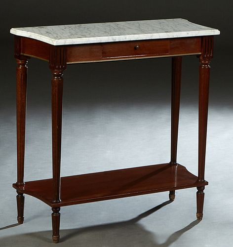 French Louis XVI Style Carved Walnut Marble Top Console Table, 20th c., the shaped curved ogee edge figured white marble above a center frieze drawer,